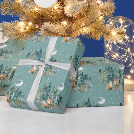 満月の森の雪のクリスマスに狐の家族 ラッピングペーパー (クリスマス)