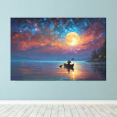 満月の水上で船に乗っている人 キャンバスプリント (インサイチュ (ウッドフロア))