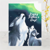 満月の父の日にかわいいオオカミとニワトリが鳴る カード (黄色い花)