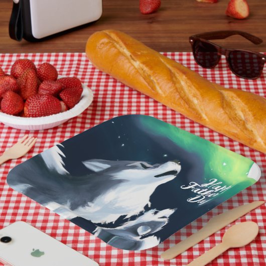 満月の父の日にかわいいオオカミとニワトリが鳴る ペーパープレート (ピクニック)