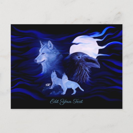 満月の狼とレイヴン ポストカード (正面)