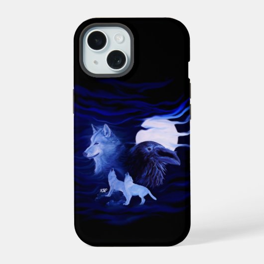 満月の狼とレイヴン iPhone 15ケース (裏面)