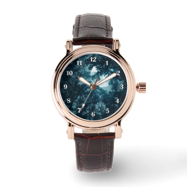 満月の白い数字と魅惑の夜の森 腕時計 (正面)