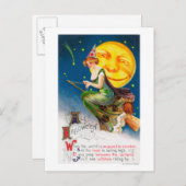 満月の箒でハロウィーンの魔女 ポストカード (正面/裏面)