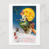 満月の箒でハロウィーンの魔女 ポストカード (正面)