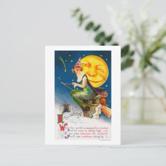 満月の箒でハロウィーンの魔女 ポストカード (スタンド正面)