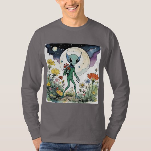 満月の花摘みをする面白いエイリアン Tシャツ (正面)