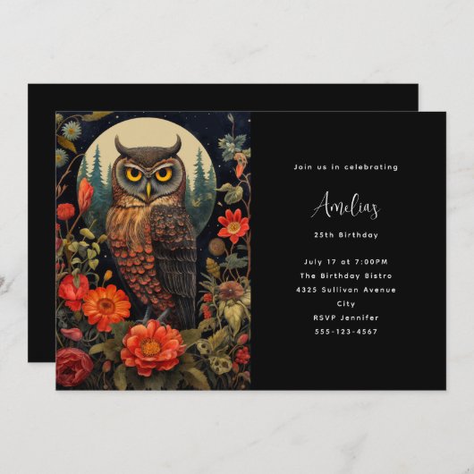 満月の誕生日で夜のフクロウ 招待状 (正面/裏面)