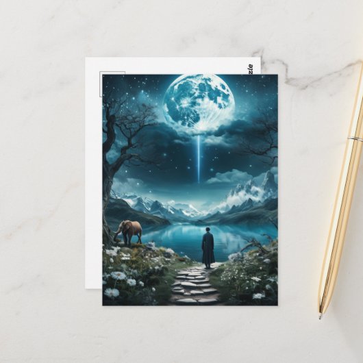 満月の象と女性 ポストカード (正面/裏面インサイチュ)