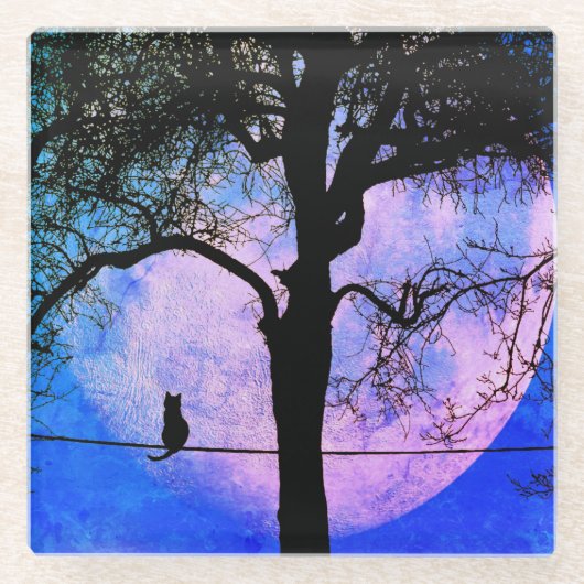 満月の針金に黒い猫 ガラスコースター (正面)