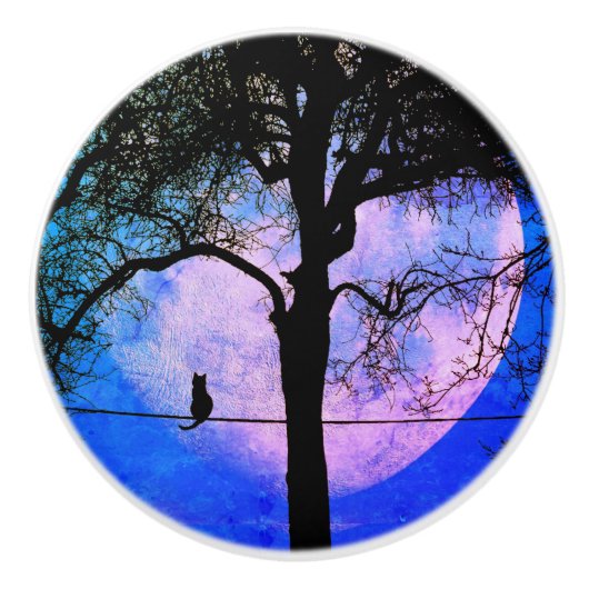 満月の針金に黒い猫 セラミックノブ (正面)