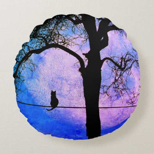 満月の針金に黒い猫 ラウンドクッション (正面)
