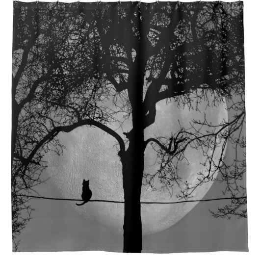 満月の針金の上の猫 シャワーカーテン (正面)