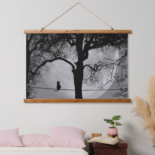 満月の針金の上の猫 吊り下げ型タペストリー (寝室)