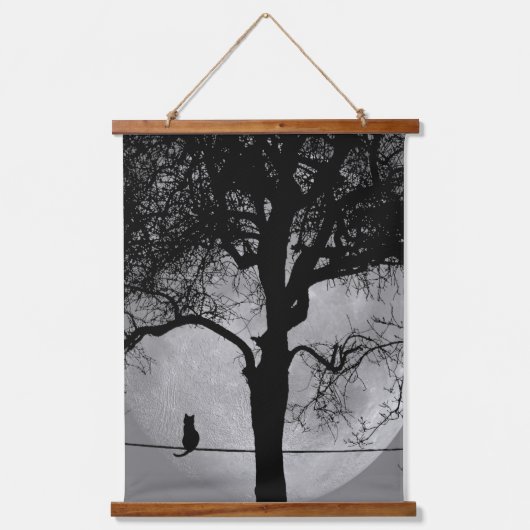 満月の針金の上の猫 吊り下げ型タペストリー (正面)