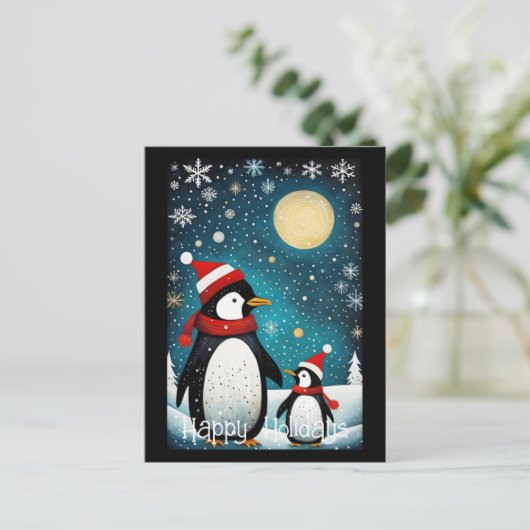 満月の雪の冬サンタペンギンのクリスマス シーズンポストカード (スタンド正面)