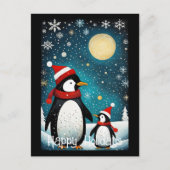 満月の雪の冬サンタペンギンのクリスマス シーズンポストカード (正面)