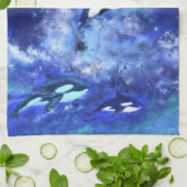 満月の青いキッチンタオルにクジラを描く キッチンタオル (折り畳み)