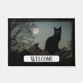 満月の黒猫が木に ドアマット