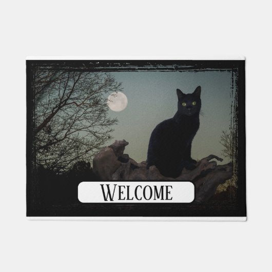 満月の黒猫が木に ドアマット (正面)