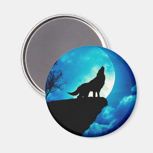 満月まで遠吠えする狼のシルエット マグネット (正面/裏面)