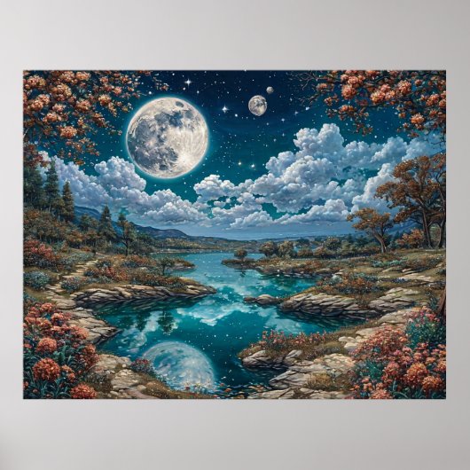 満月を描いた穏やかな夜景 ポスター (正面)