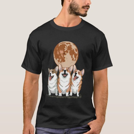 満月を眺めて遠吠えするコーギー Tシャツ (正面)