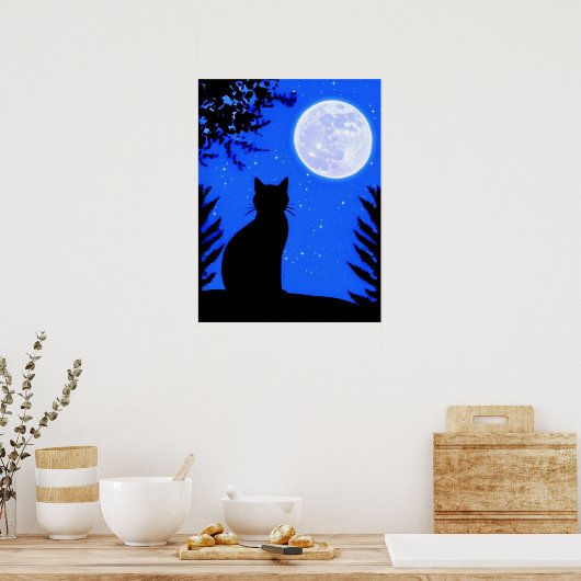 満月を見つめる猫 ポスター (キッチン)