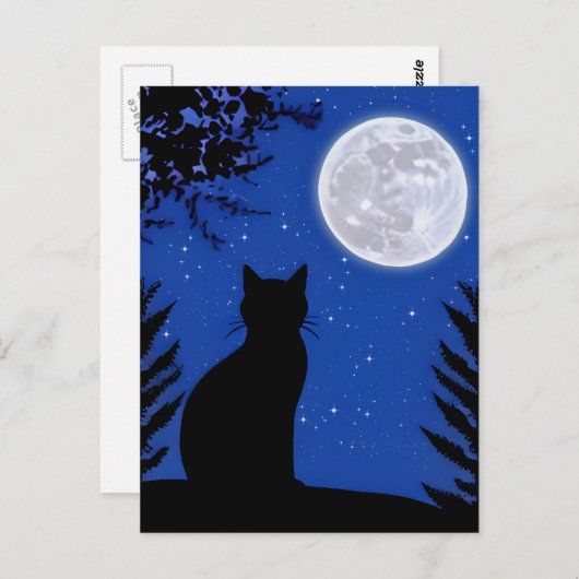 満月を見つめる猫 ポストカード (正面/裏面)