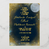 満月エレガント天結婚星:青と金ゴールド 箔招待状 (正面)