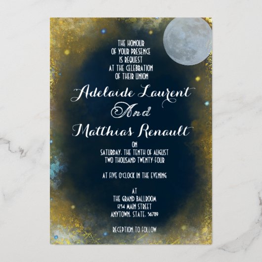 満月エレガント天結婚星:青と銀 箔招待状 (正面)