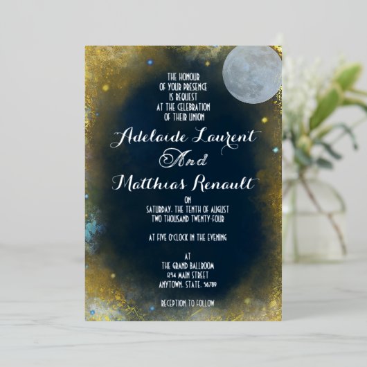 満月エレガント天結婚星:青と銀 箔招待状 (立ち正面)