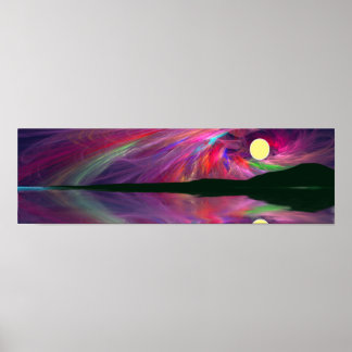 満月オーロラ海と山 ポスター