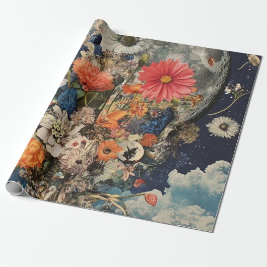 満月カラフル下の花 ラッピングペーパー (アンロールド)
