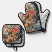 満月カラフル下の花 鍋つかみ&鍋敷きセット (正面/裏面)