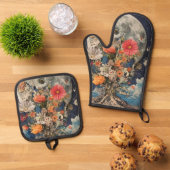 満月カラフル下の花 鍋つかみ&鍋敷きセット (トップダウン)