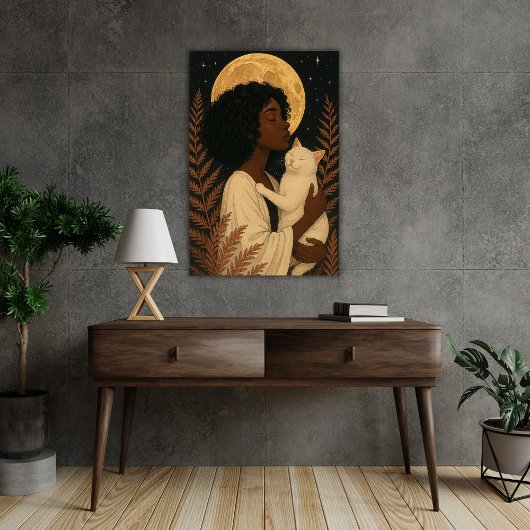 満月ポスター白猫の黒人女性 ポスター