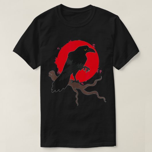 満月レイブン不気味な森の動物の鳥赤い月 Tシャツ (デザイン正面)