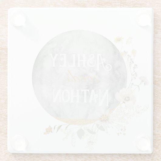 満月ワイルドフラワー金ゴールド水色結婚の ガラスコースター (裏面)