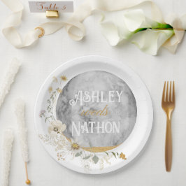 満月ワイルドフラワー金ゴールド水色結婚の ペーパープレート