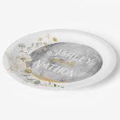 満月ワイルドフラワー金ゴールド水色結婚の ペーパープレート (アングル)