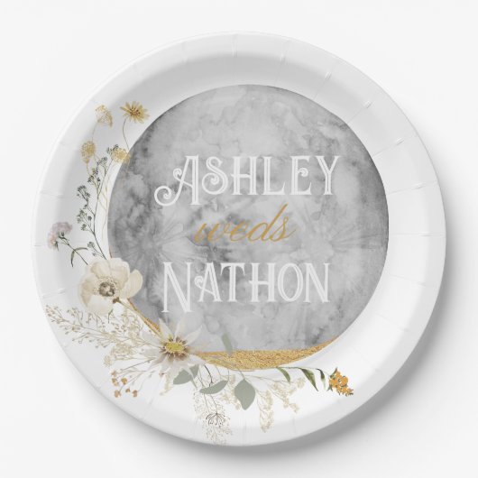 満月ワイルドフラワー金ゴールド水色結婚の ペーパープレート (正面)