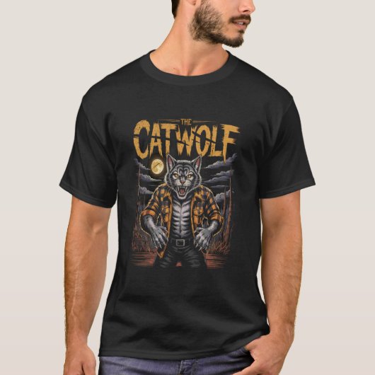 満月下で吠える猫狼・ワーウルフ・猫 H Tシャツ (正面)