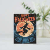 満月不気味を飛んでいる横切るハロウィンの魔女 ポストカード (スタンド正面)