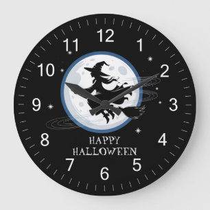 満月不気味を飛んでいる横切るハロウィンの魔女 ラージ壁時計
