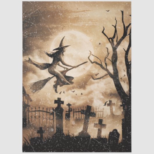 満月不気味を飛んでいる横切るハロウィンの魔女 薄葉紙 (正面)
