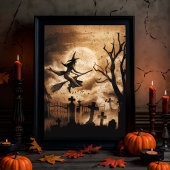 満月不気味を飛んでいる横切るハロウィンの魔女 薄葉紙