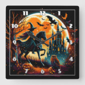 満月不気味下で馬に乗る魔女 スクエア壁時計 (正面)