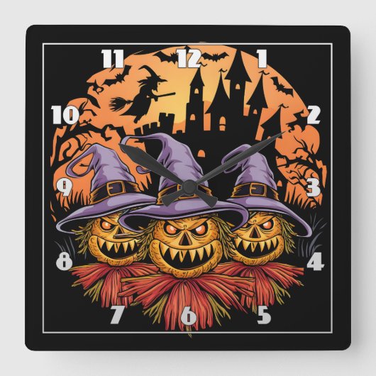 満月不気味下のハロウィンかかし スクエア壁時計 (正面)