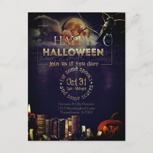 満月不気味大人ハロウィーンのゴシック風の烏 シーズンポストカード (正面)